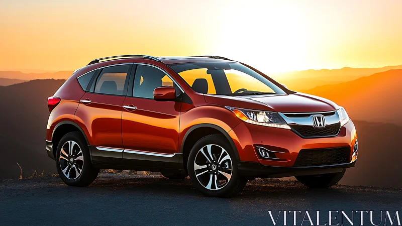 Red compact SUV parked on mountain road at sunset.