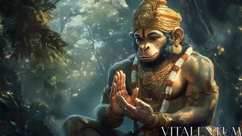 Divine simian warrior in ornate gold armor meditating in jungle.