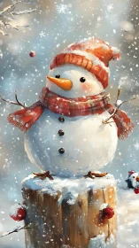 Cozy snowman in red scarf sharing a joyful winter welcome.