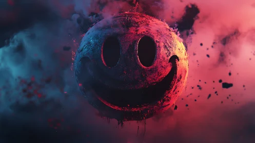 Grinning planet drifts through electric nebula duststorm