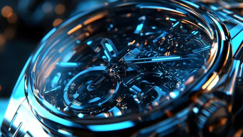 Futuristic Skeleton Watch Close-Up in Blue-Toned Lighting.