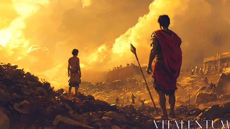 Heroes in ember light overlooking a broken battlefield.