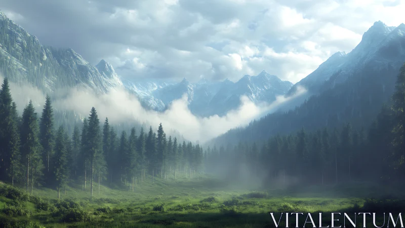 Mountain Valley Engulfed in Misty Morning Clouds