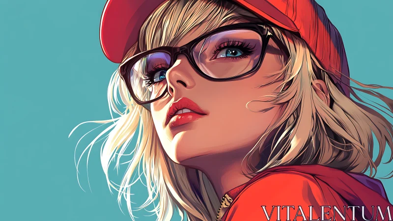 Stylized portrait of blonde woman in cap and glasses.