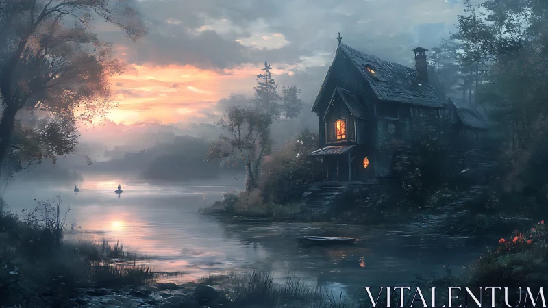 Riverside cottage glows at dusk with misty reflective water.