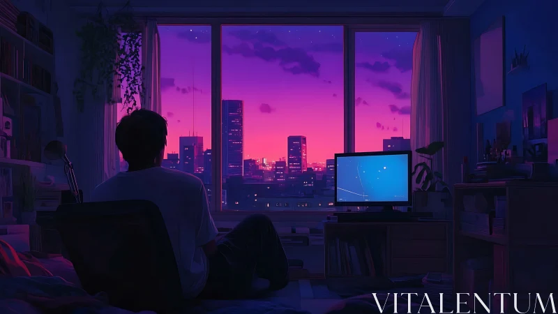 City-glow evening cradles a lone dreamer at the window