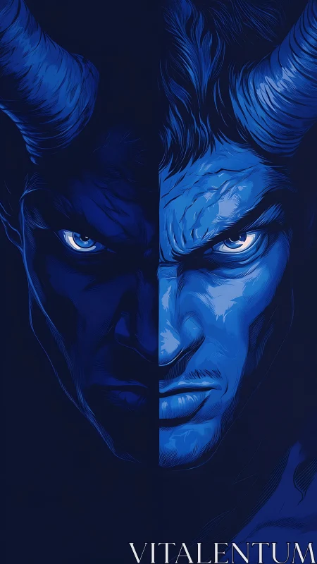 Split blue demon face illustration shows dual horned portrait