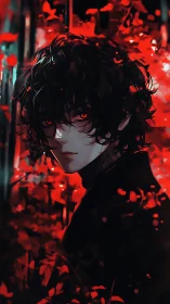 Dark-haired figure stands amid dense red foliage at night