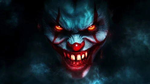 Infernal carnival clown emerges from smoke and shadow.