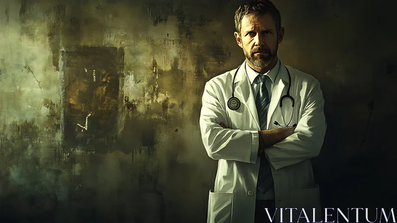Male physician in white coat against dark textured wall.