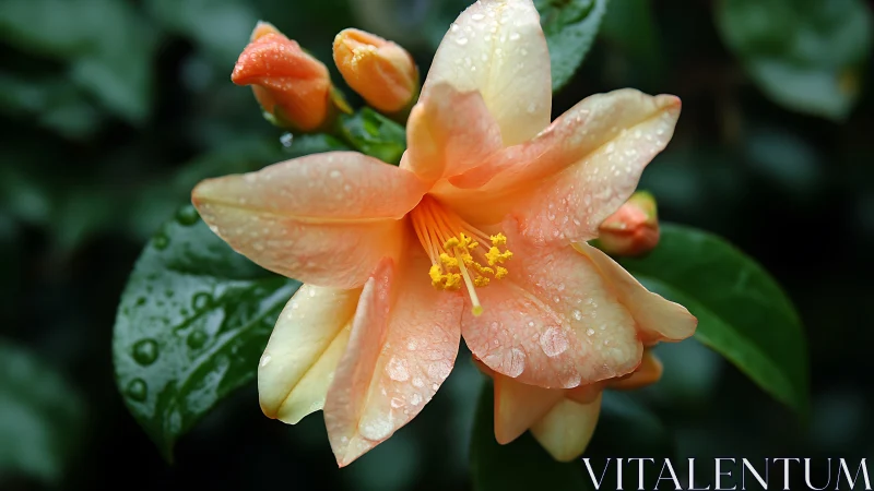 Peach hibiscus flower with raindrops on green foliage background.