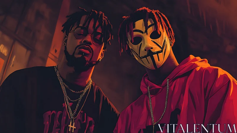 Two masked streetwear rappers stand under moody city lights