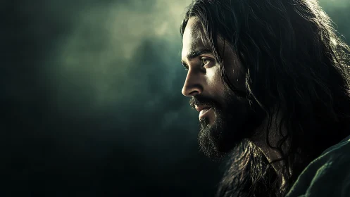 Contemplative bearded man emerges from dramatic shadowed light