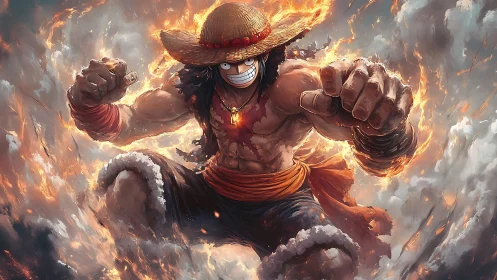 Straw hat fighter in midair punch amid dispersed flames.