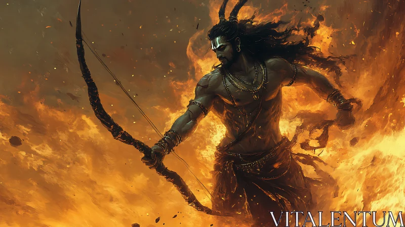 Mythic archer warrior strides through infernal flame vortex