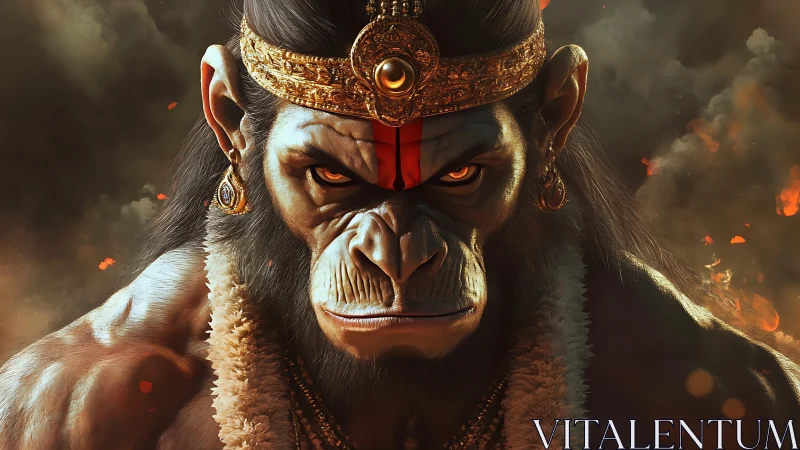 Mythic warrior ape glares forward amid rising embers