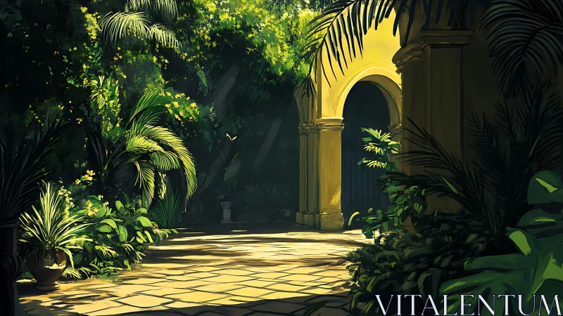 Sunlit garden archway welcomes quiet, leafy afternoon wanderings