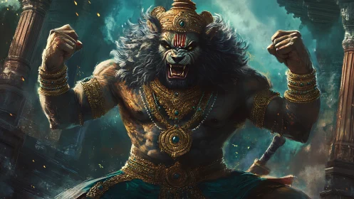 Lion-headed armored deity in dynamic temple environment.