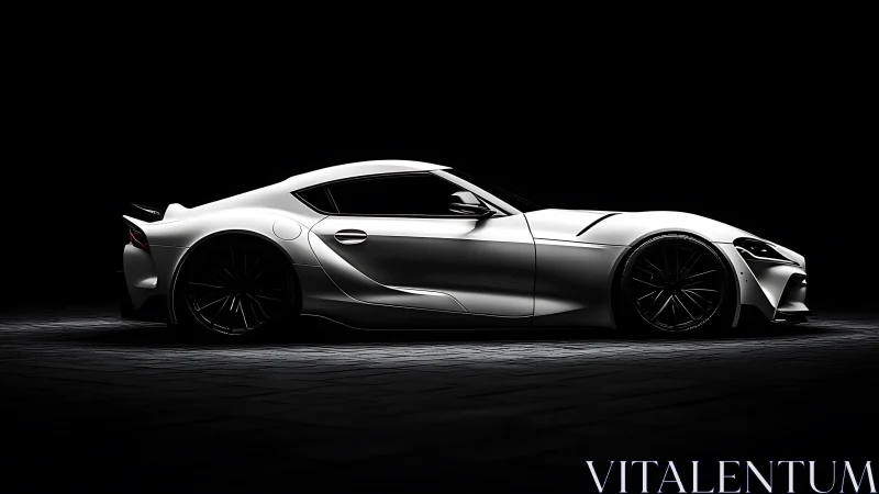 Side profile of white sports coupe in low key studio lighting.