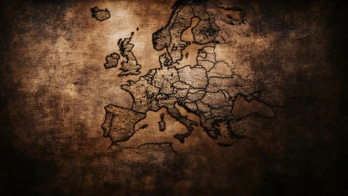 Engraved Europe map glows against distressed bronze texture