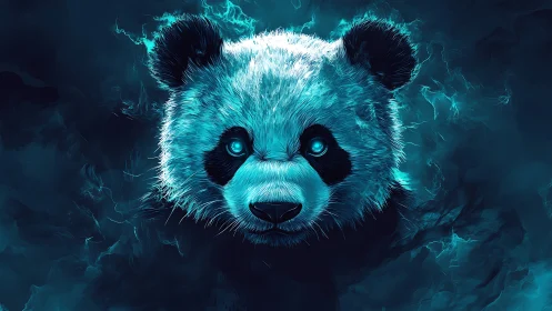 Neon cyan panda portrait radiates ethereal bioluminescent glow