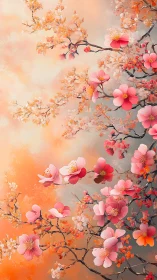 Blossoming Branches With Pink And Orange Flowers Against Gradient Sky