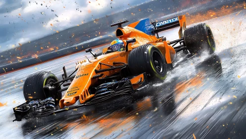 Orange race car surging through rain with thrilling energy.