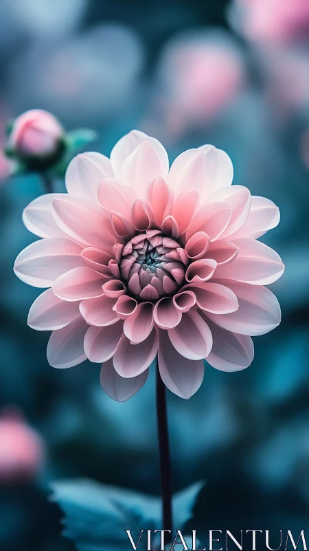 Soft pink dahlia blooms against cool teal blurred garden