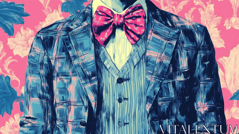 Bold plaid suit and bow tie contrast against floral backdrop.