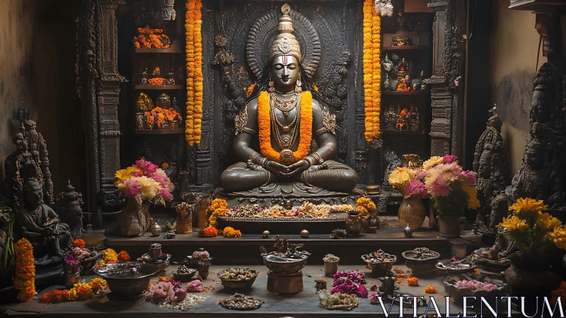 Serene deity listens quietly while marigold constellations glow