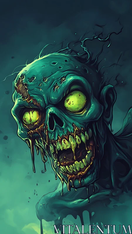 Decayed skeletal head with glowing eyes in green tones.