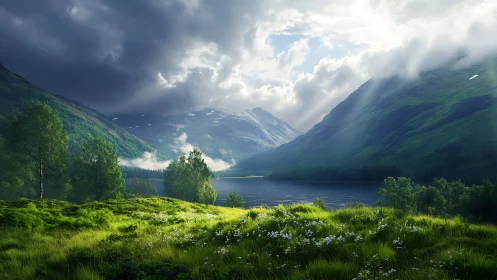 Sunlit valley meadow cradled by storm-kissed emerald peaks.