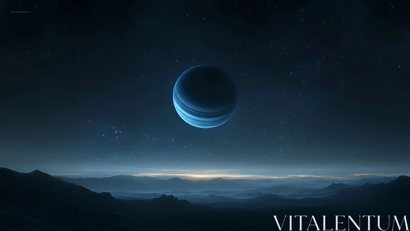 Distant blue planet above dark alien mountain landscape.