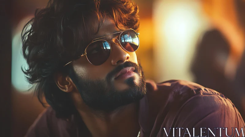 Portrait of man in sunglasses under warm indoor lighting.