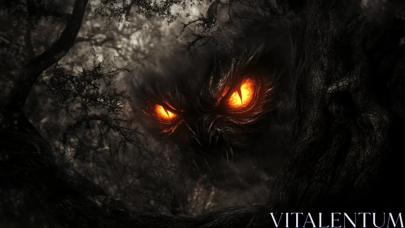 Fiery monstrous eyes glare from dense twisted forest shadows