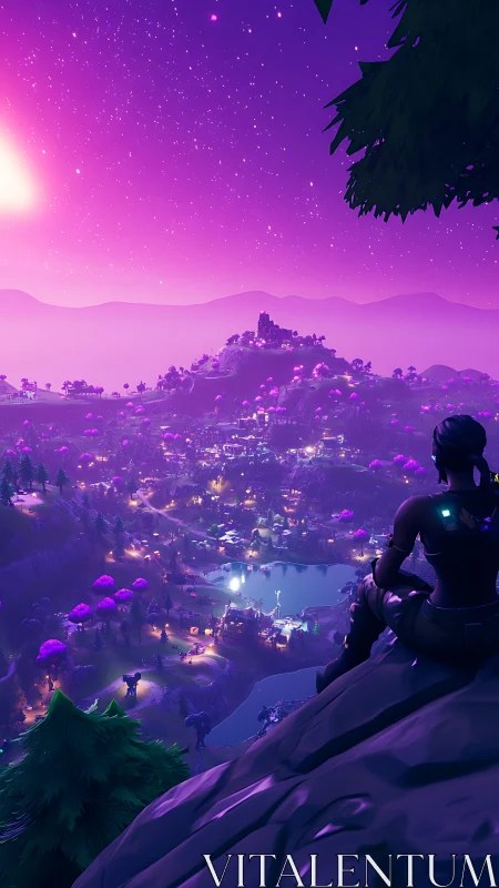 Cel-shaded avatar surveys neon-illuminated fantasy valley at night