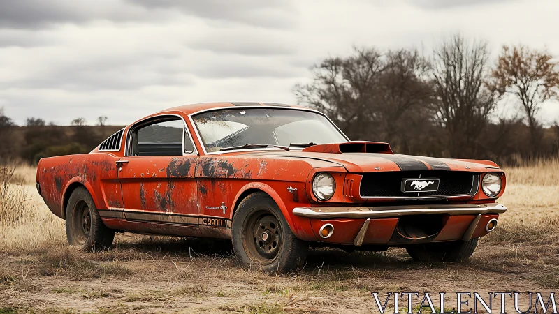 Weathered orange Mustang fastback in windswept field scene.