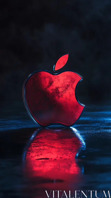 Glossy red apple logo glows on a moody reflective surface