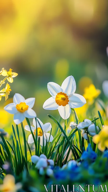 White daffodils with golden centers in spring garden.