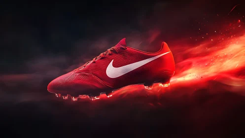 Red football boot blazes through dark space in fiery motion