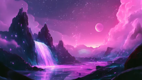 Luminous alien waterfall cascades into a neon dreamscape