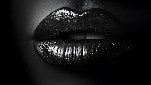Glossy black lips shimmer in dramatic monochrome light
