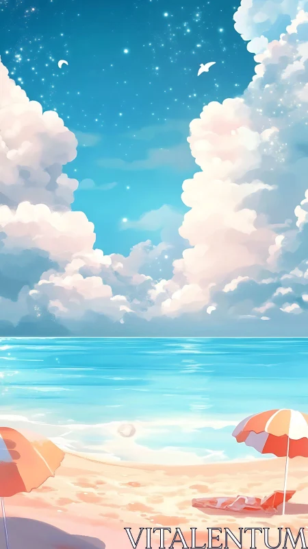 Cloud castles float above a pastel shore of sleepy umbrellas