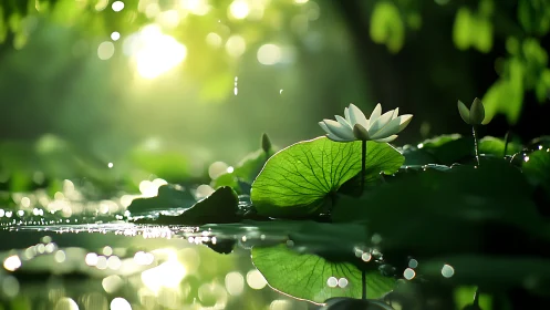 White lotus blooms in misty green pond light at sunrise.