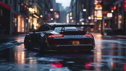 Rain-soaked sports car accelerates through cinematic neon street