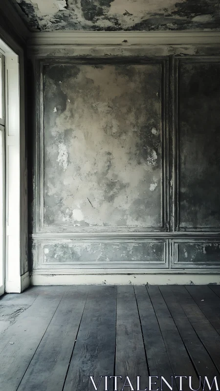 Weathered neoclassical interior with patina and lightfall geometry.