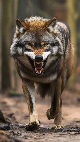 Aggressively advancing wolf with exposed dentition and tense gait.