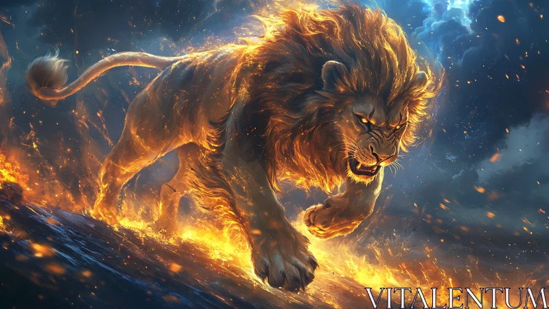 Blazing lion strides through fire with fierce, glowing power