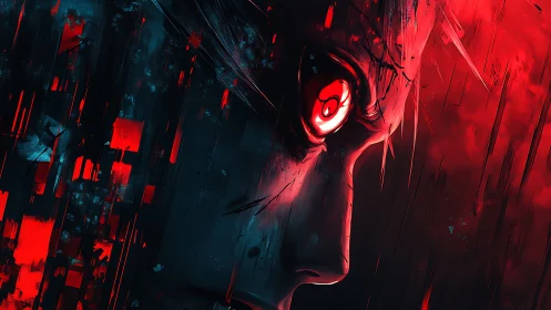 Intense anime eye in fractured red and teal abstraction.
