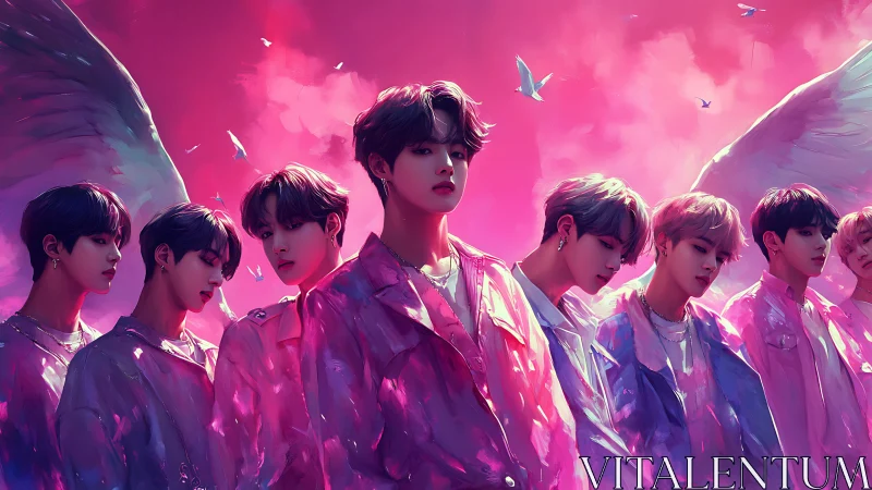 Iridescent angelic boy band under neon pink sky glow.